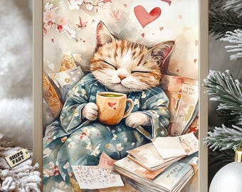 Japanse kattenposter: kimonotheekransje, Sakura-kersenbloesemkunst