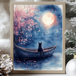 Katze und Mond Sakura Poster - Verträumtes Boot unter Kirschblüten, Japanische Nacht Kunstdruck, Skurril Feline Wand-Dekor, Fantasy Landschaft