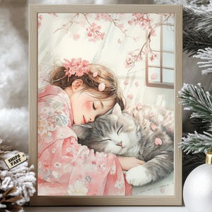 Girl Sleeping with Cat Art Print, Japanese Kimono Sakura Poster, Soft Anime Aesthetic Cat Wall Decor, Cherry Blossom Cozy Bedroom Artwork
