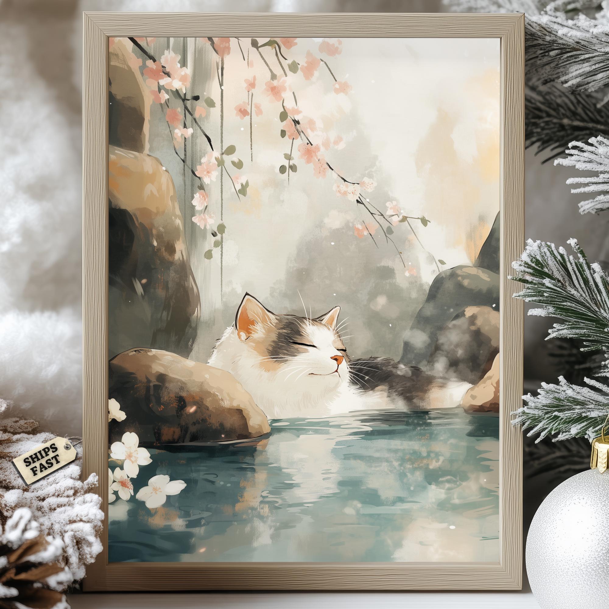 Japanese Onsen Cat Art Print: Tranquil Sakura Spa Poster - Etsy