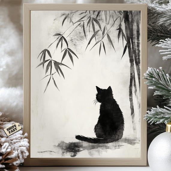 日本の黒猫の墨絵：禅風アジアンウォールアート - Etsy 日本