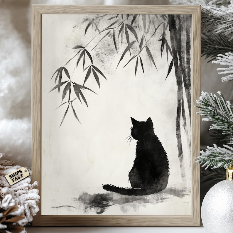 Japanese Black Cat Sumi-e Ink Painting: Zen Asian Wall Art - Etsy