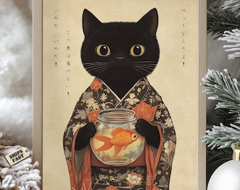 Black Cat Kimono Art Print: Japanese Feline Decor