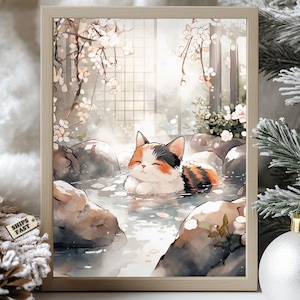 Japanese Onsen Cat Poster - Calico Cat in Hot Spring - Tranquil Spa Wall Art - Zen Aesthetic Print - Relaxing Bath Art - Kawaii Cat Decor