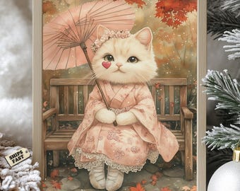 Kawaii Cat Print: Japanese Kimono, Autumn Decor