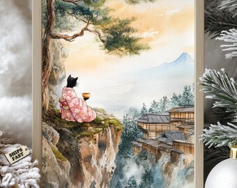 Katze im Kimono Art Print: Japanischer Fuji Berg Landschaft Poster