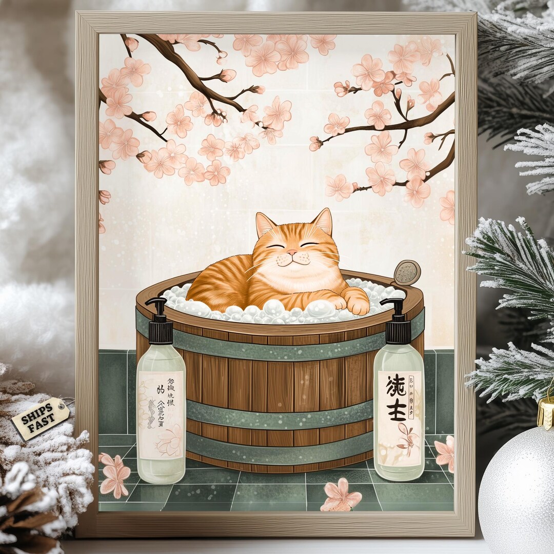 Orange Tabby Cat Sakura Spa Bath Poster – Japanese Art Print - Etsy
