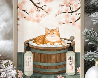 Orange Japanese Cat in Sakura Spa Bath Poster - Relaxing Japanese Bathhouse Decor, Tabby Cat in Bathtub, Minimalist Poster, Aesthetic Art