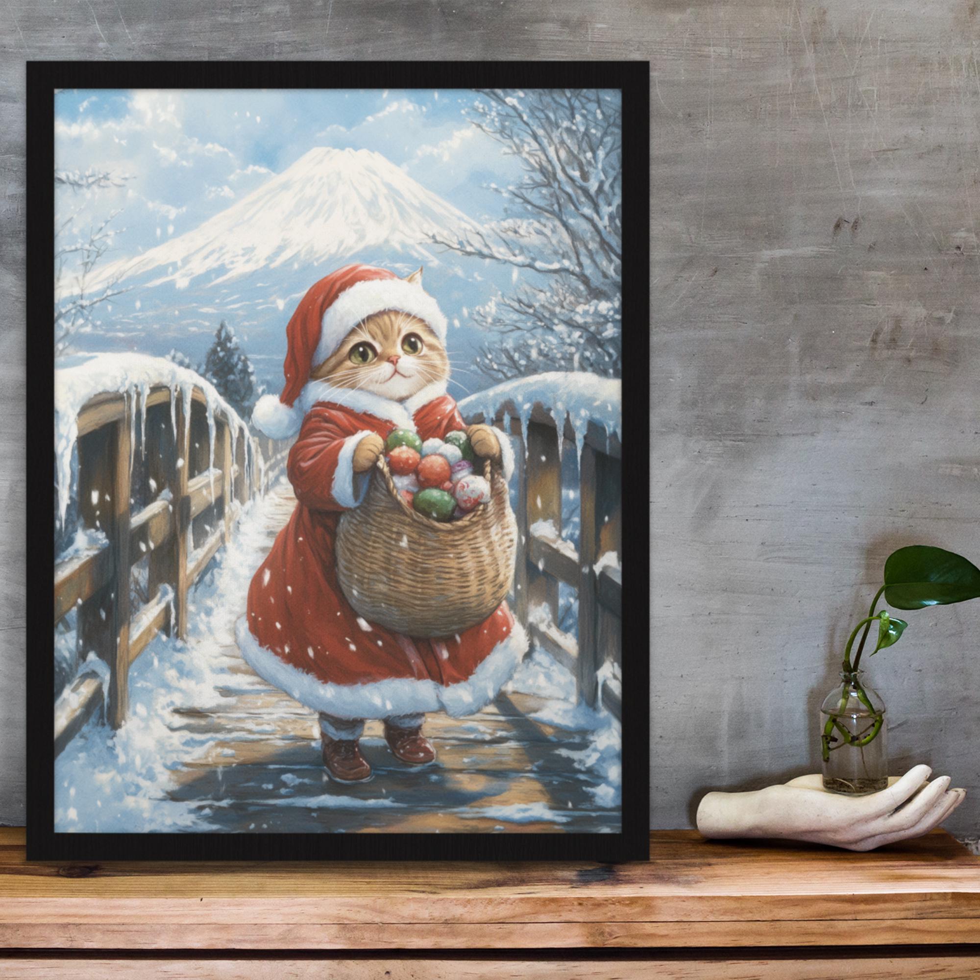 サンタキャットのクリスマスポスター：日本の冬の富士山アート - Etsy 日本