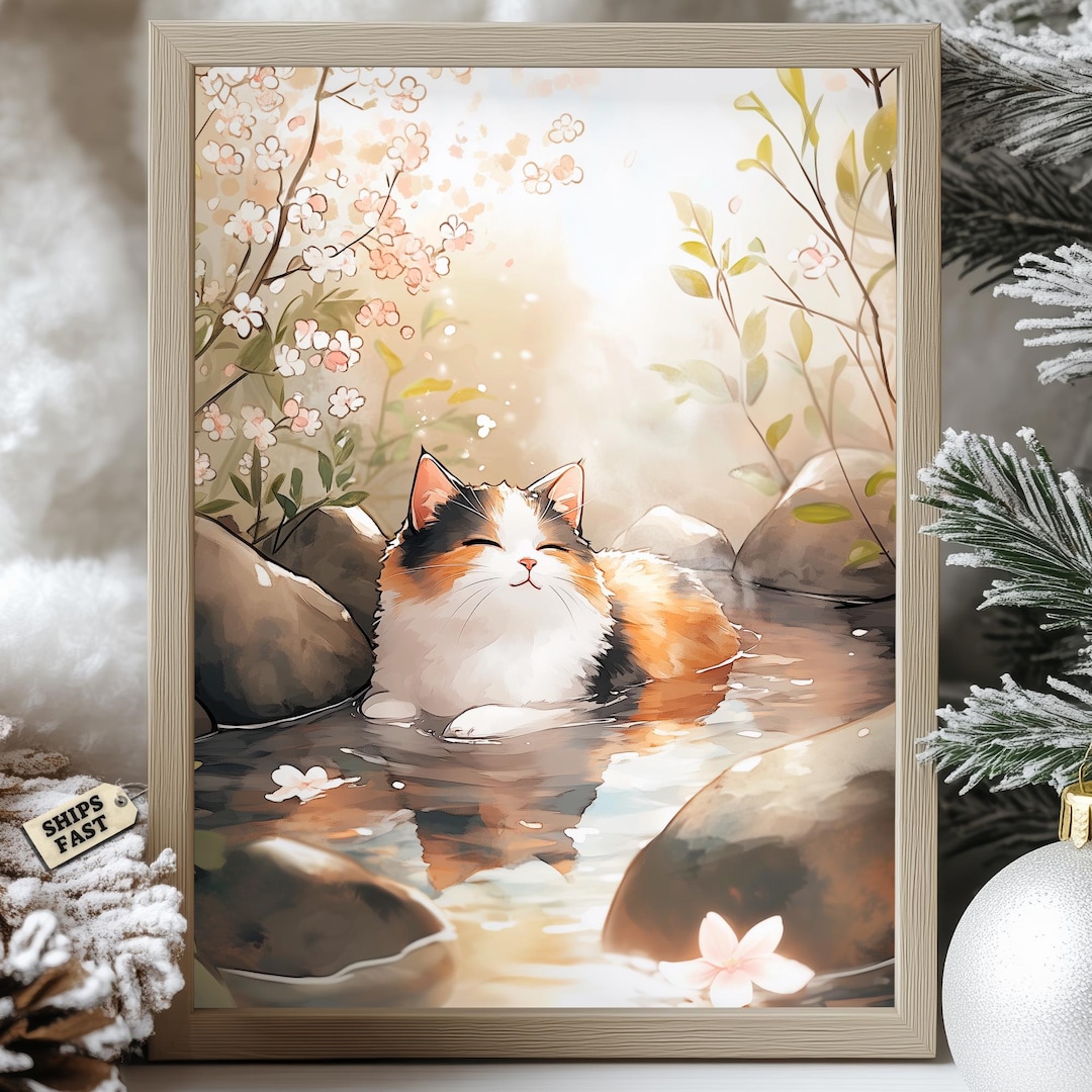 Calico Cat Onsen Poster: Tranquil Japanese Hot Spring Art - Etsy