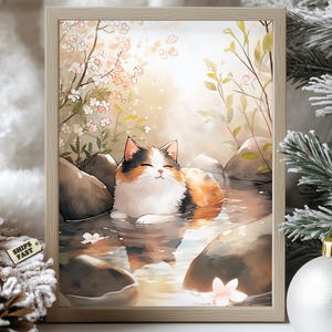 Entspannendes Onsen-Katzenplakat - Ruhige, heiße Frühlingskunst, beruhigendes Zen-Wanddekor, gemütlicher Natur-Spa-Druck, japanische Katzenkunst, dekoratives Plakat
