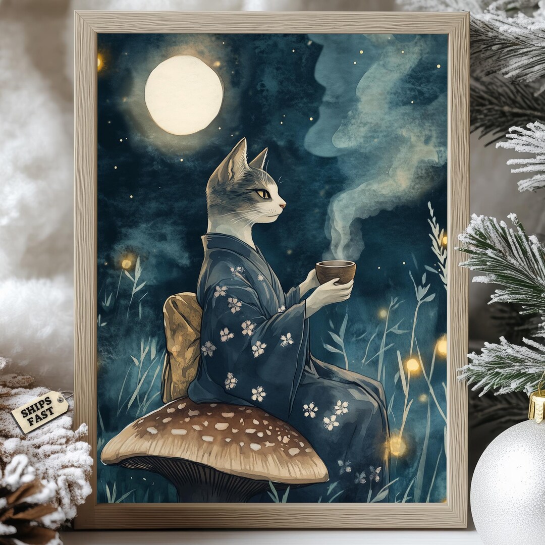 Japanese Cat Kimono Tea Poster: Mystical Zen Art Print - Etsy