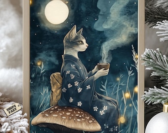 Japanische Katze Kimono Tee Poster: Mystisch Zen Kunstdruck