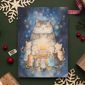 Grillige kat verjaardagskaart - schattige katachtige viering - gezellige sterrennachtfeest - schattig kattenliefhebber cadeau - feestelijke wenskaart