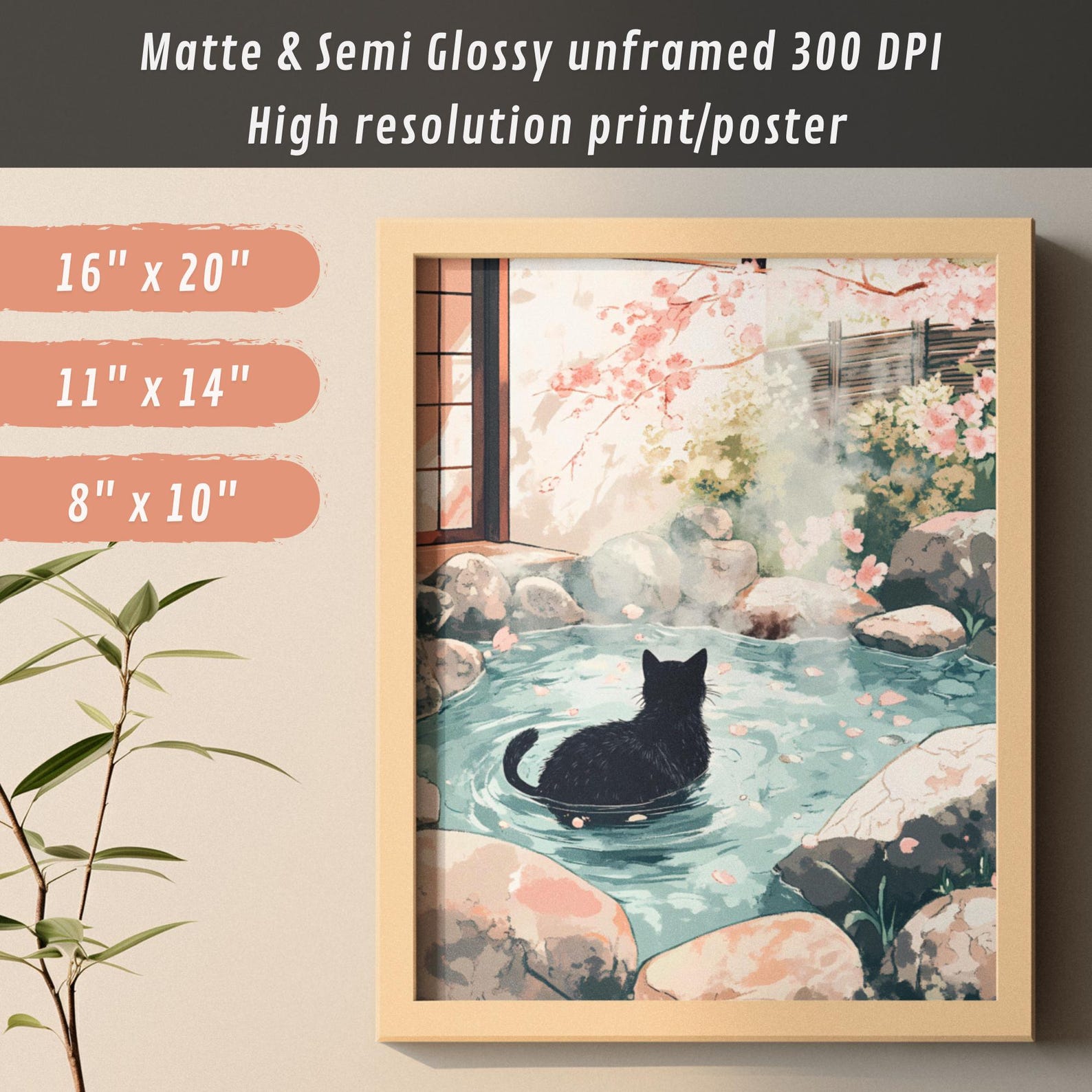 Japanese Black Cat Onsen Poster: Sakura Zen Art Print - Etsy