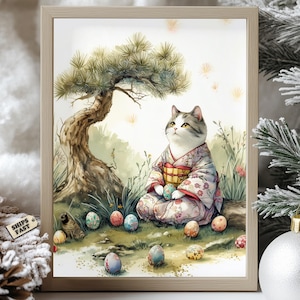 Poster de Pâques kimono chat japonais - art mural printanier esthétique, impression félin Sakura, illustration mignonne de chasse aux œufs, déco Japon Kawaii
