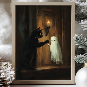 Black Cat and Ghost Poster, Cute Halloween Wall Art, Spooky Door Scene Print, Gothic Halloween Cat Illustration, Cozy Haunted House Decor
