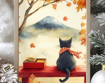 Könnte beinhalten: Aquarellmalerei einer schwarzen Katze mit einem rot-orangen Schal, die auf einer roten Bank sitzt und einen Berg überblickt. Herbstblätter und ein Baum rahmen die Szene ein. Eine rote Bento-Box steht auf der Bank.