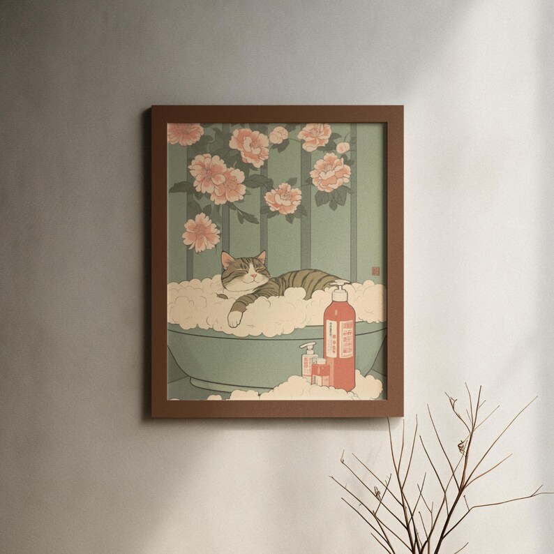 Japanese Tabby Cat Bath Poster – Relaxing Bubble Bath Art Print - Etsy