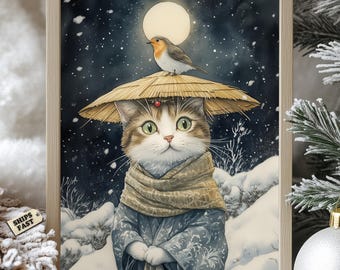 Japanese Winter Cat Poster: Snowy Night Wall Art