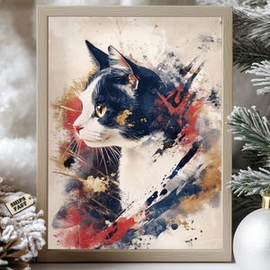 Japanse aquarel kat kunstafdruk: abstracte inktborstel, kleurrijk huisdecor