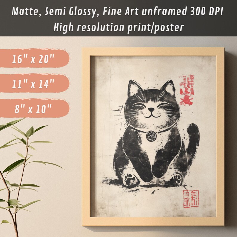 Vintage sumi-e style artwork of a black and white maneki-neko with bold brushstrokes and kanji symbols.