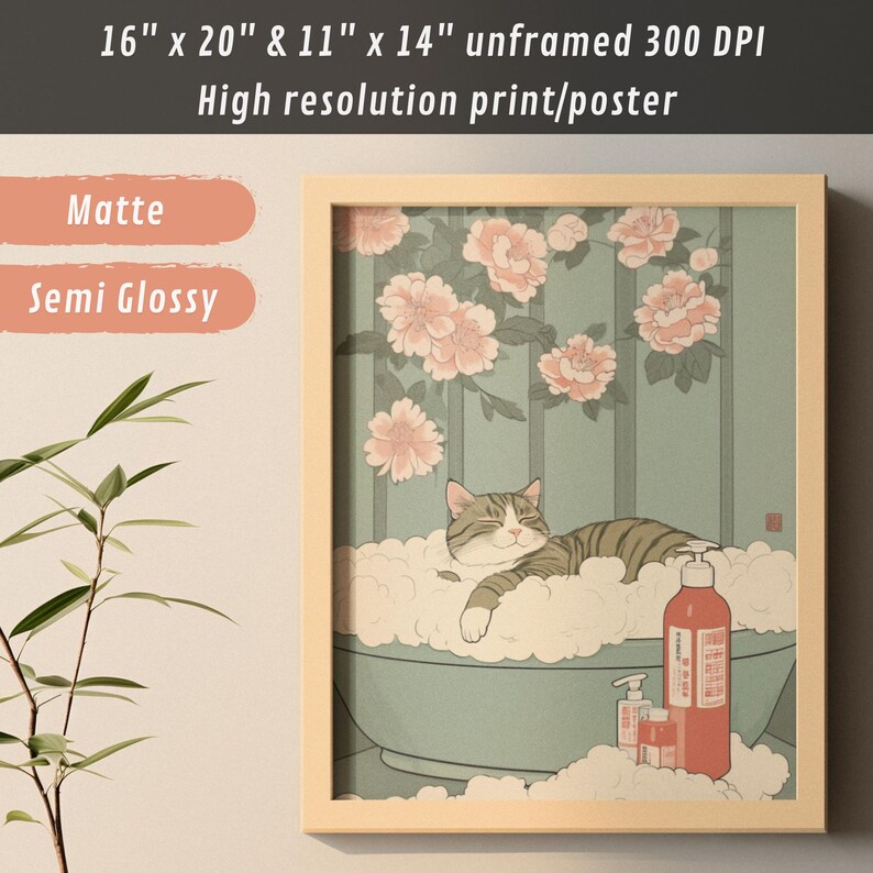 Japanese Tabby Cat Bath Poster – Relaxing Bubble Bath Art Print - Etsy