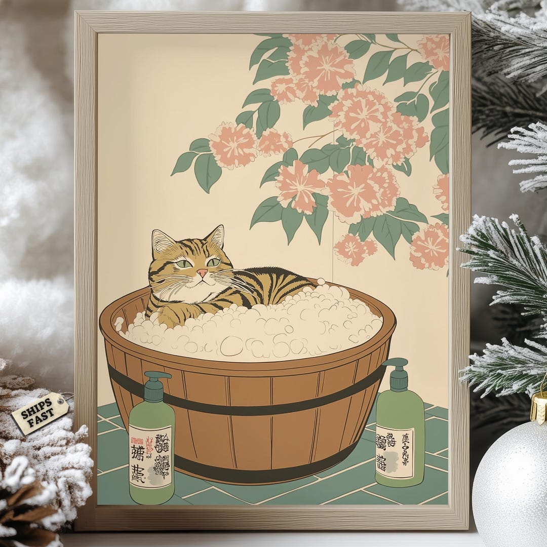 Tabby Cat Bathtub Poster: Japanese Zen Bathroom Spa Art - Etsy