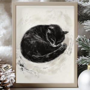 Sleeping Cat Sumi-e Poster, Japanese Zen Cat Art Print, Ink Brush Minimalist Cat Wall Decor, Black Cat Painting, Wabi Sabi Animal Art