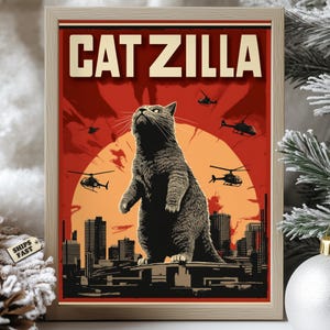 Catzilla Poster - Retro Giant Cat Wall Art, Fun and Whimsical Monster-Themed Decor for Cat Lovers, Kawaii Cat Poster