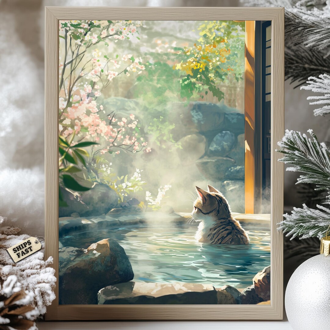 Onsen Tabby Cat Poster: Tranquil Japanese Hot Spring Art - Etsy