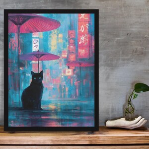 Mysterious black kitty in glowing Japanese street, watercolor cyberpunk art.