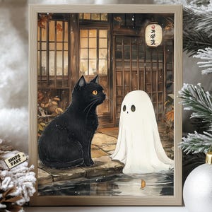 Schwarze Katze und Geist Poster, Japanische Herbst Haus Wand Kunst, Süßer Halloween Druck, Gemütliche Gruselige Herbst Dekoration, Geist Katze, Kawaii Halloween Poster