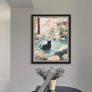 Japanese Black Cat Onsen Poster: Sakura Zen Art Print - Etsy