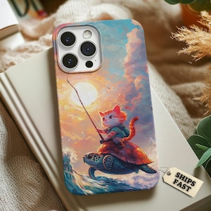 Katze Angeln auf Schildkröte Handyhülle, Tough Cases for iPhone, Pixel, Galaxy, Japanische Katze, Kanagawa Wave, Wating Ocean, Schildkröte und Meer