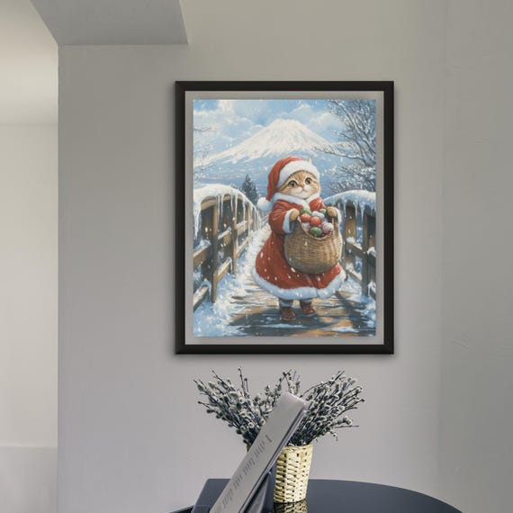 サンタキャットのクリスマスポスター：日本の冬の富士山アート - Etsy 日本