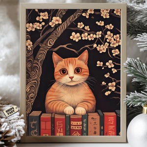 Orange Japanese Cat Poster - Adorable Feline with Sakura and Books, Japanese Aesthetic Wall Art for Cat Lovers and Cozy Home Decor