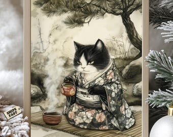 Japanese Tea Ceremony Cat Art Print: Kimono Zen Garden Decor