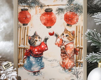 Japanese Cat Winter Poster: Kimono Kittens, Snowy Lantern Festival