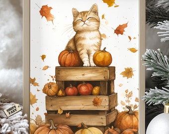 Watercolor Cat with Pumpkins Art Print: Autumn Decor, Fall Leaves