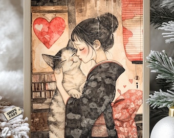 Japanese Cat Love Poster: Kimono Woman, Lanterns, Heart Art