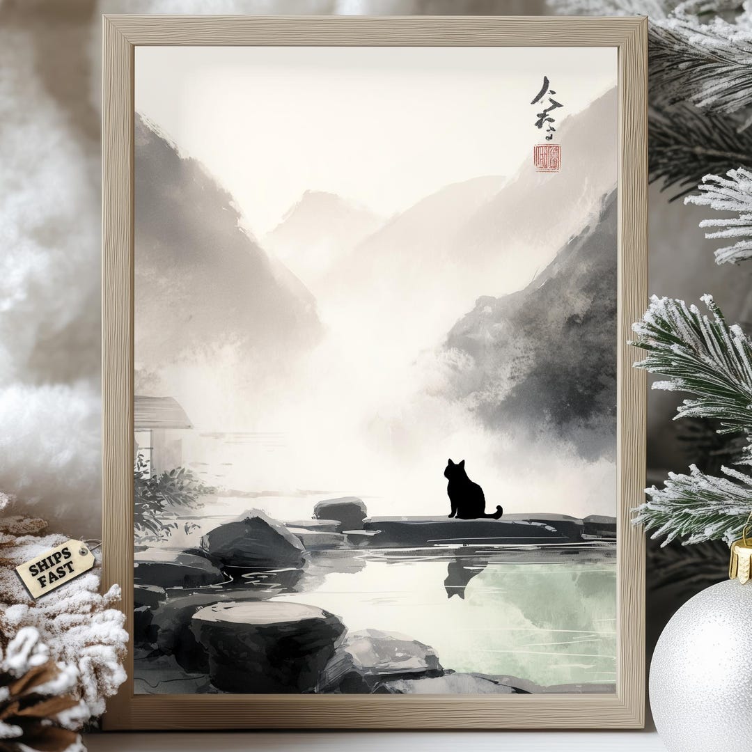 Misty Onsen Cat Poster, Japanese Sumi-e Wall Art, Zen Hot Spring ...