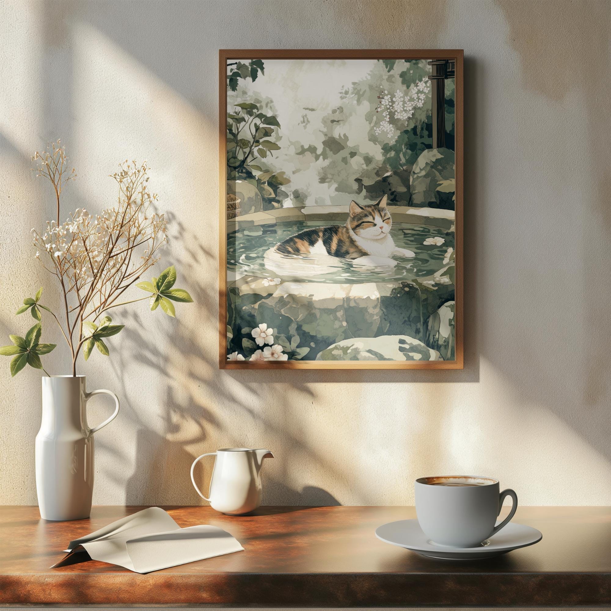 Japanese Garden Cat Art Print: Calico Cat Onsen Spa Decor - Etsy