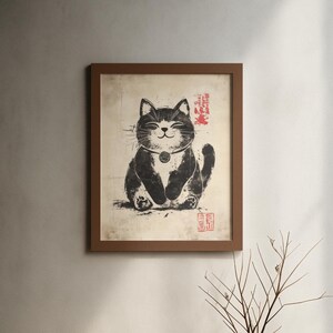 Aged paper art of a lucky cat with Japanese kanji stamps in red, blending charm and tradition.