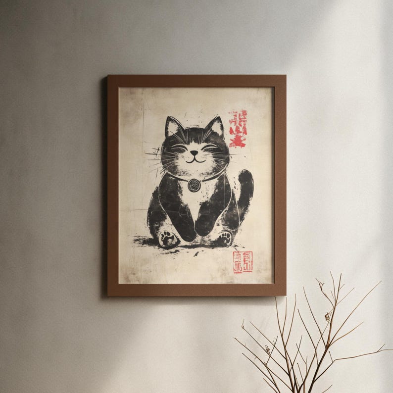 Aged paper art of a lucky cat with Japanese kanji stamps in red, blending charm and tradition.