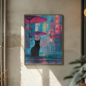 Urban neon wall art featuring Japanese cat in futuristic style.
