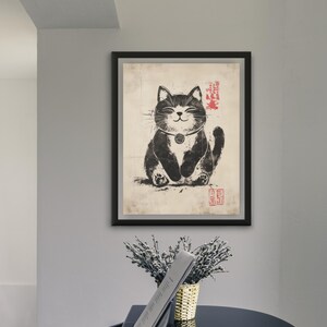 Calm and elegant sumi-e cat painting with traditional East Asian brushwork and red luck stamps.