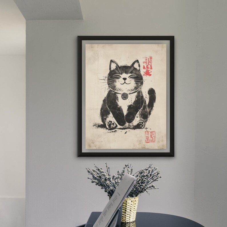 Calm and elegant sumi-e cat painting with traditional East Asian brushwork and red luck stamps.