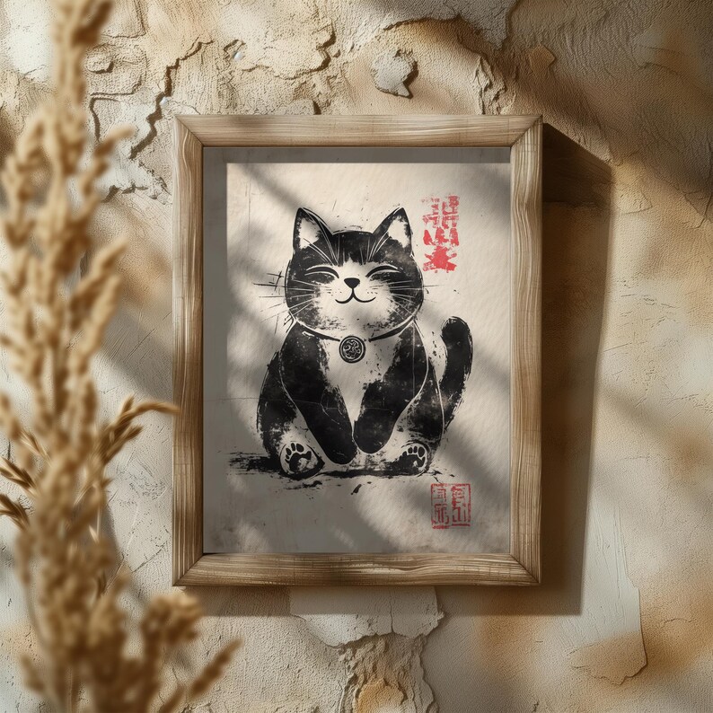 Japanese woodblock-inspired poster of a peaceful cat with bold black ink and calligraphy details.