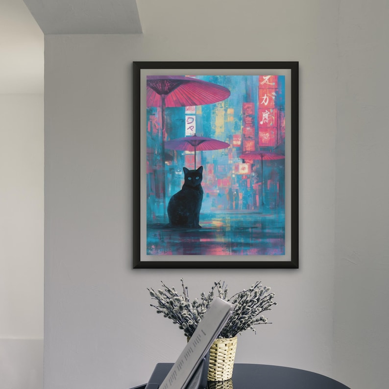 Cyberpunk Japanese cat poster, watercolor neon city with black kitty.